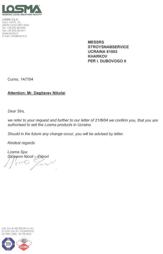 Losma Spa authorisation letter for Ukraine