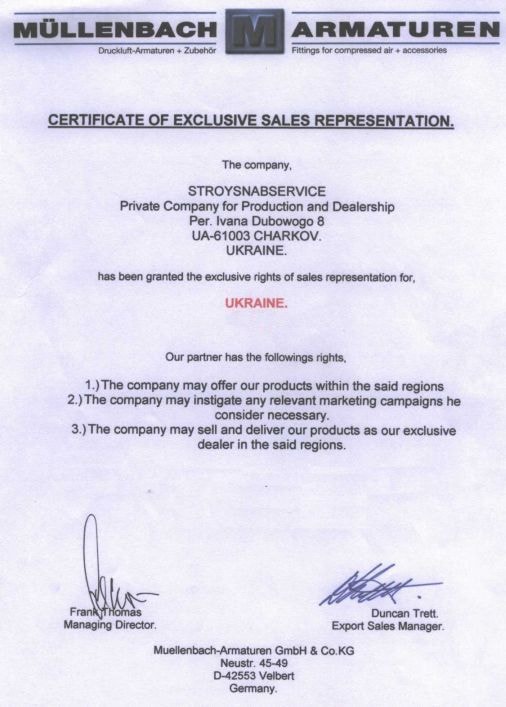Certificate of Exclusive Sales Representation — Müllenbach Armaturen