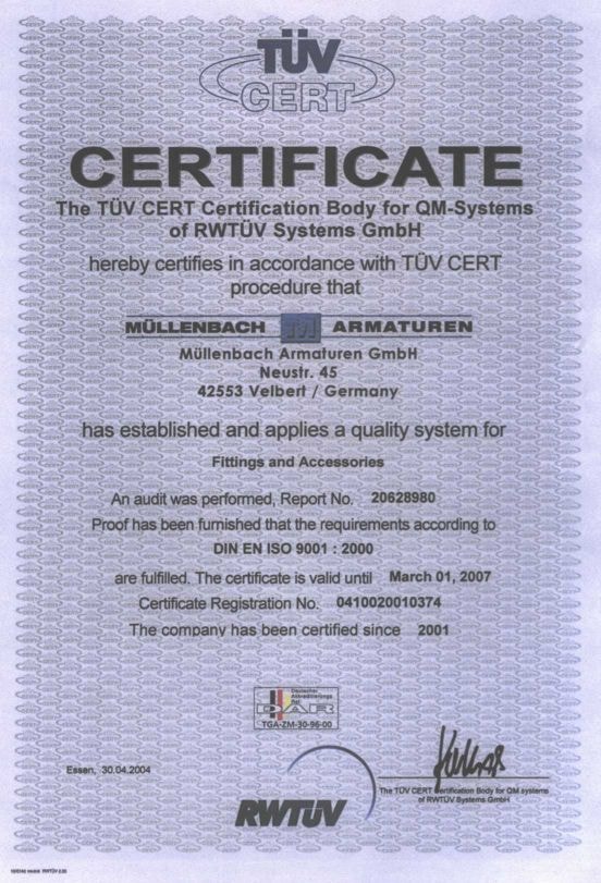 TÜV CERT ISO 9001 Quality Certificate — Müllenbach Armaturen