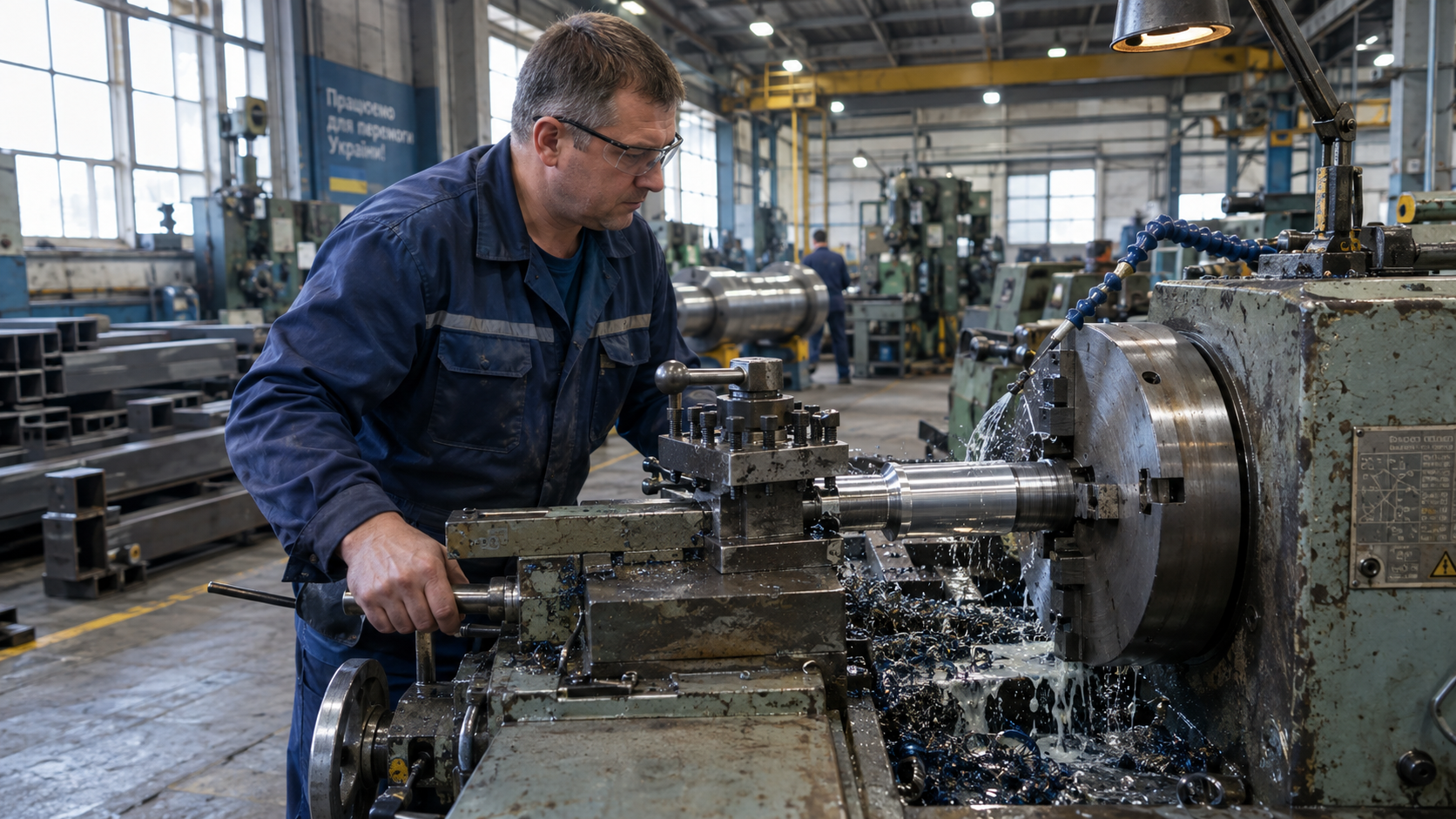 Machinist operating lathe in manufacturing workshop